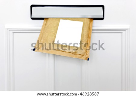 A padded envelope in the letterbox of a white front door, blank label for you to add your own name and address.