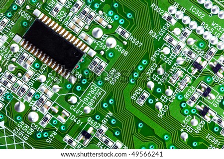 Macro shot of an electrical circuit board and computer chip