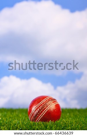 Photo of a cricket ball on grass with sky background.