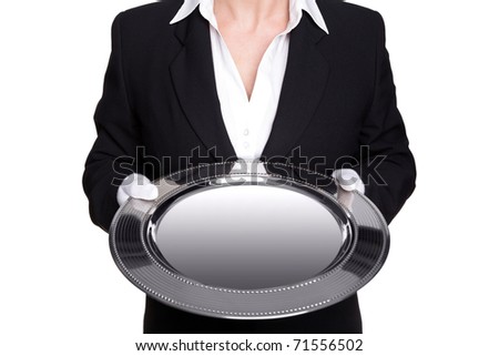 Photo of a female butler holding a silver tray, isolated against a white background. Good image for product placement.