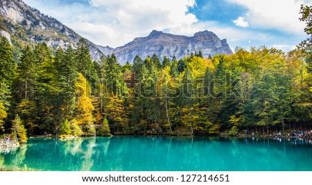 Blausee/ Blue Lake nature park in early fall, Kandersteg, Switzerland