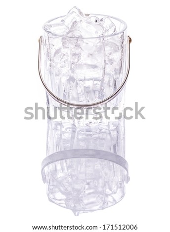 Crystal made ice bucket filled with ice cubes on white background