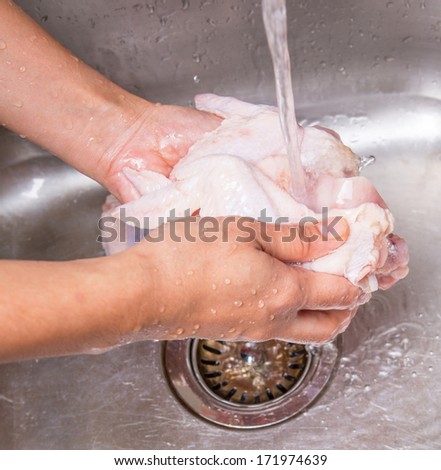 Female hands washing and cleaning chicken wings at the kitchen sink