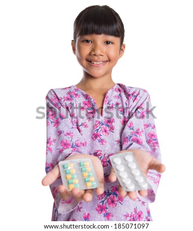 A young Asian Malay girl with medicinal tablets with face expression over white background