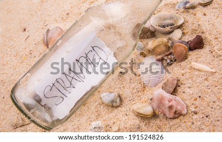 Concept image of word STRANDED message in a glass bottle on beach sand