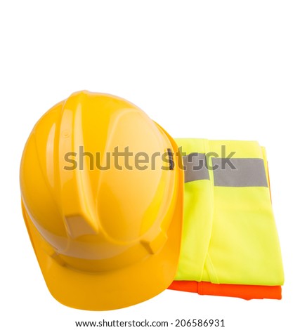 Yellow hard hat and orange and yellow reflective best over white background