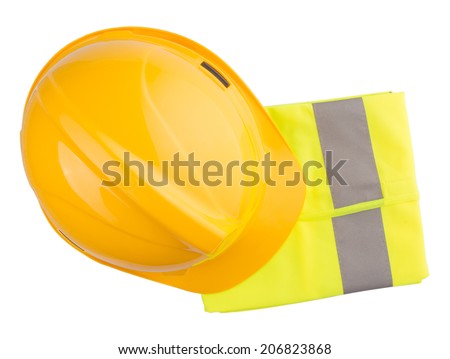 Yellow hard hat and yellow reflective best over white background