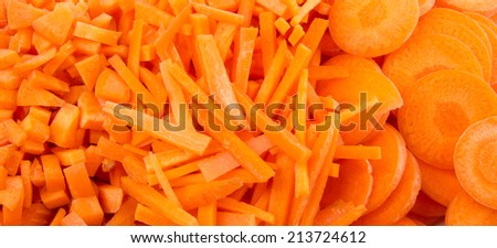 Different style of chopped carrots in white plate over white background