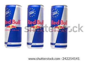 KUALA LUMPUR, MALAYSIA - JANUARY 7TH, 2015. Cans of Red Bull energy drink. Red Bull is the most popular energy drinks in the world with 5.387 billion cans sold in 2013.