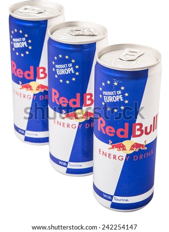 KUALA LUMPUR, MALAYSIA - JANUARY 7TH, 2015. Cans of Red Bull energy drink. Red Bull is the most popular energy drinks in the world with 5.387 billion cans sold in 2013.