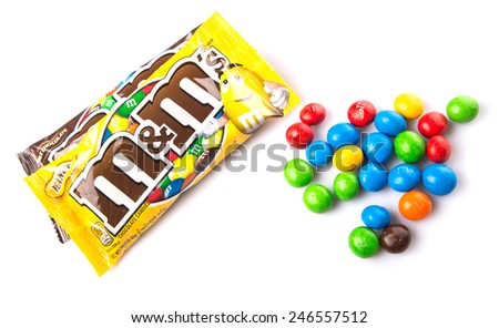 KUALA LUMPUR, MALAYSIA - JANUARY 23RD, 2015. M&M\'s are colorful button shape candies produced by Mars Incorporated, introduced in 1941 and currently being sold in as many as 100 countries worldwide.