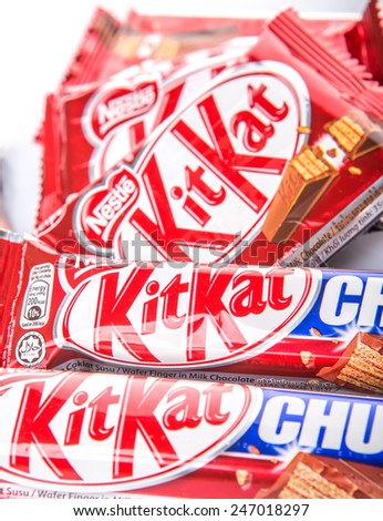 KUALA LUMPUR MALAYSIA, JANUARY 26TH 2015. Kit Kat is a chocolate covered wafer bar  created in 1911 by Rowntree\'s of York, England. NestlÃ?Â© which acquired Rowntree in 1988 now sells Kit Kat globally.