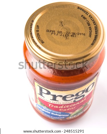 KUALA LUMPUR, MALAYSIA - JANUARY 31ST 2015. Introduced internationally in 1981, Prego is a brand name pasta sauce of Campbell Soup Company. Campbell\'s product are sold in 120 countries worldwide.