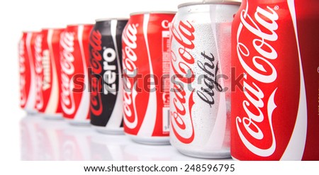 KUALA LUMPUR, MALAYSIA - JANUARY 31ST, 2015. Various type of Coca Cola drinks. Coca Cola drinks are produced and manufactured by The Coca-Cola Company, an American multinational beverage corporation.