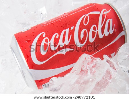 KUALA LUMPUR, MALAYSIA - FEBRUARY 2ND 2015. Coca Cola drinks on ice. Coca Cola drinks are produced and manufactured by The Coca-Cola Company, an American multinational beverage corporation.