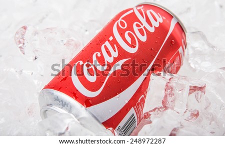 KUALA LUMPUR, MALAYSIA - FEBRUARY 2ND 2015. Coca Cola drinks on ice. Coca Cola drinks are produced and manufactured by The Coca-Cola Company, an American multinational beverage corporation.