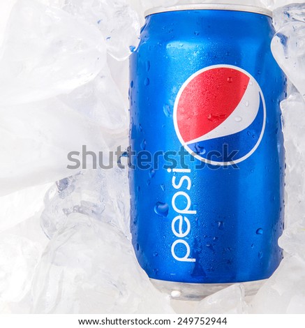 KUALA LUMPUR, MALAYSIA - FEBRUARY 2ND 2015. Pepsi can drink on ice. Pepsi is a carbonated soft drink produced and manufactured by PepsiCo Inc. an American multinational food and beverage company.