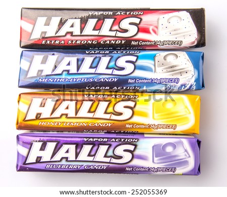 KUALA LUMPUR, MALAYSIA - FEBRUARY 11TH, 2015. Halls is the brand name of a popular mentholated cough drop and sold by the Cadbury-Adams Division of Cadbury, now owned by Mondel?z International.