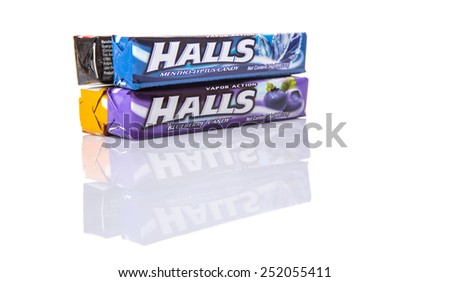 KUALA LUMPUR, MALAYSIA - FEBRUARY 11TH, 2015. Halls is the brand name of a popular mentholated cough drop and sold by the Cadbury-Adams Division of Cadbury, now owned by Mondel?z International.