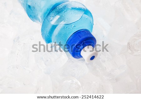 A bottle of mineral water on ice cubes
