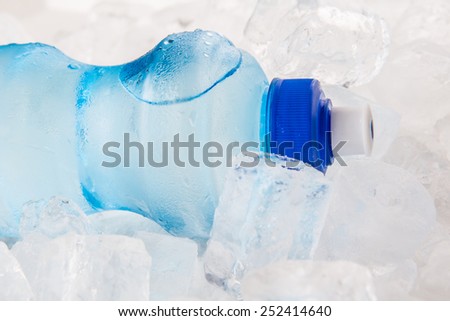 A bottle of mineral water on ice cubes
