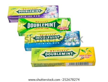 KUALA LUMPUR, MALAYSIA - FEBRUARY 15TH 2015. Wrigley's chewing gum. Manufactured by Wrigley Company, the chewing gum are currently sold in more than 180 countries worldwide.