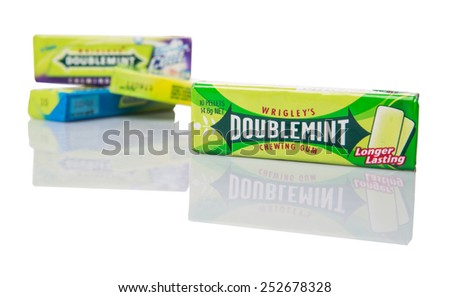 KUALA LUMPUR, MALAYSIA - FEBRUARY 15TH 2015. Wrigley\'s chewing gum. Manufactured by Wrigley Company, the chewing gum are currently sold in more than 180 countries worldwide.
