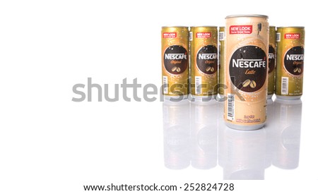 KUALA LUMPUR, MALAYSIA - FEBRUARY 13TH 2015. Nescafe can drinks. Nescafe is an instant coffee brand made by Nestle, a Swiss multinational food and beverage company, first introduced on April 1, 1938.