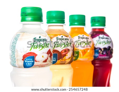 KUALA LUMPUR, MALAYSIA - FEBRUARY 22ND 2015. Tropicana bottled fruit juices. Tropicana Products Inc. is an American fruit juice multinational company and has been owned by PepsiCo since 1998.