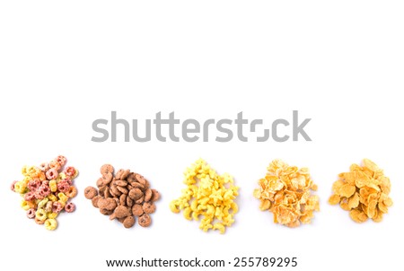 Mix variety of breakfast cereals over white background
