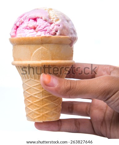 Female teenage hand holding mix flavored ice cream in cup ice cream cone over white background