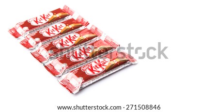 KUALA LUMPUR MALAYSIA, APRIL 21ST 2015. Kit Kat is a chocolate covered wafer bar created in 1911 by Rowntree\'s of York, England. Nestle which acquired Rowntree in 1988 now sells Kit Kat globally.
