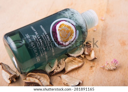 PUTRAJAYA, MALAYSIA - MAY 28TH, 2015. Body Shop Passion Fruit shower gel. The Body Shop with 1,200 products including cosmetics and make-up are sold in 2,500 franchised stores in 61 countries.