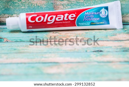 PUTRAJAYA, MALAYSIA - JULY 22ND, 2015. Colgate tooth paste. The Colgate-Palmolive Company is an American multinational consumer products company producing household, health care and personal products.