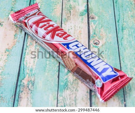 PUTRAJAYA, MALAYSIA, JULY 21ST, 2015. Kit Kat is a chocolate covered wafer bar created in 1911 by Rowntree\'s of York, England. Nestle which acquired Rowntree in 1988 now sells Kit Kat globally.