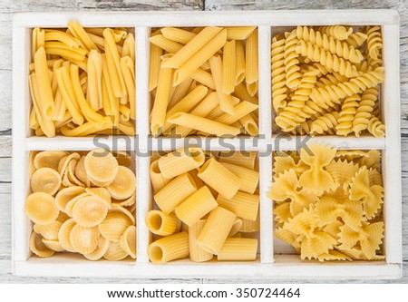 Various dried pasta shapes in white box over wooden background