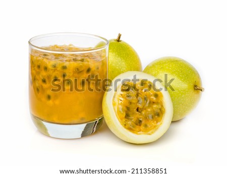 Ripe passion fruit with passion fruit juice  isolated on white background.