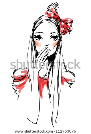 A sketch of the girl with a red bow A sketch of the girl with a red bow