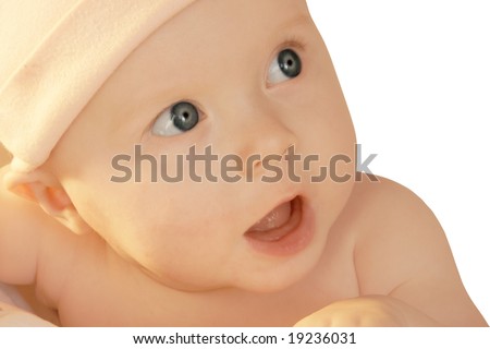cute baby girl portrait with surprised expression, space for text on white background
