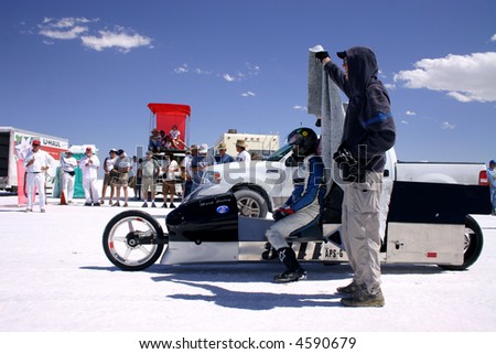Streamline motorcycle prepares to start a speed run at Bonneville Salt Flats in Utah 11 August 2007