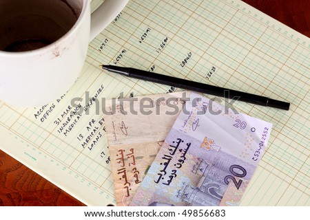 Coffee cup with general ledger sheet showing journal entries and black ballpoint pen with Moroccan one hundred dirham bill and twenty dirham bill