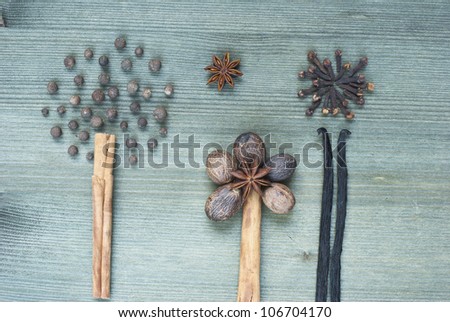 spices for desserts and cookies, cakes, biscuits, wooden table background, top view
