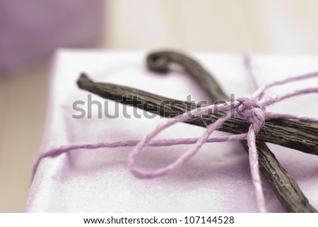 vanilla beans on violet beauty treatment gift boxes