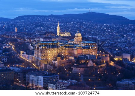Budapest by night: Royal Palace of Buda and Matthias church from bird\'s-eye view