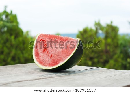 slice of watermelon on wooden table, mediterranean garden background