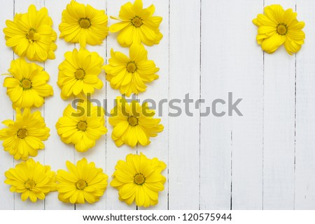 yellow flowers frame, white wood background