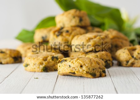scones of potato and wild garlic with wild garlic leaves