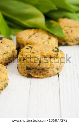 scones of potato and wild garlic with wild garlic leaves