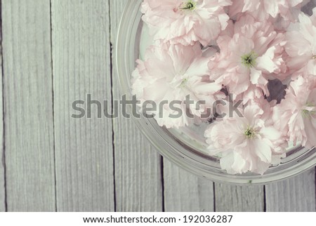 floating flowers in aromatherapy bowl on old wood table