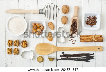 dessert ingredients and equipments on white wooden table